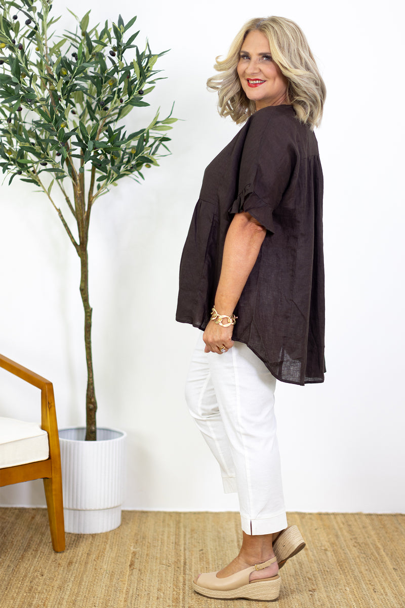 Allegra V Neck Frill Top | Coco Brown