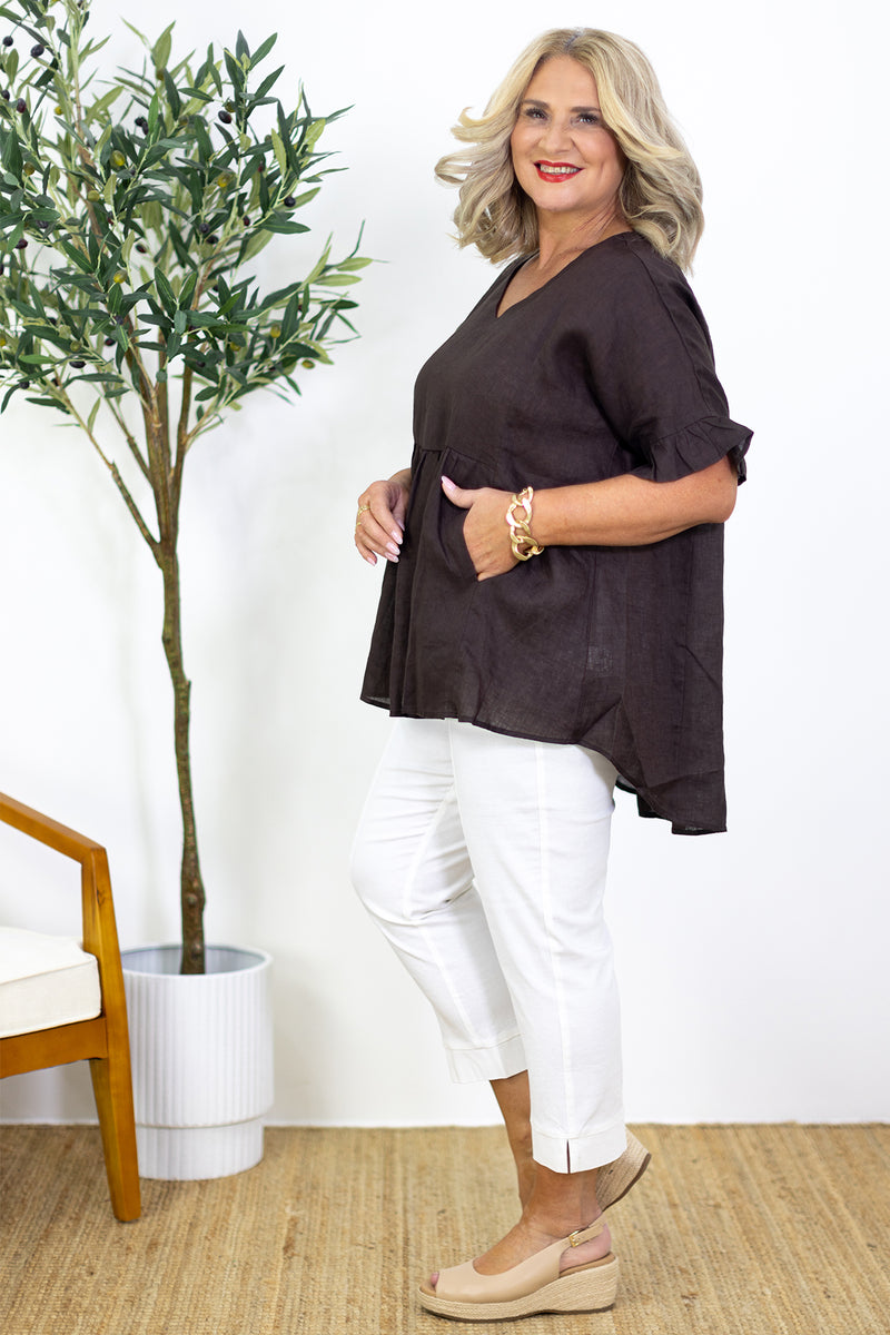 Allegra V Neck Frill Top | Coco Brown