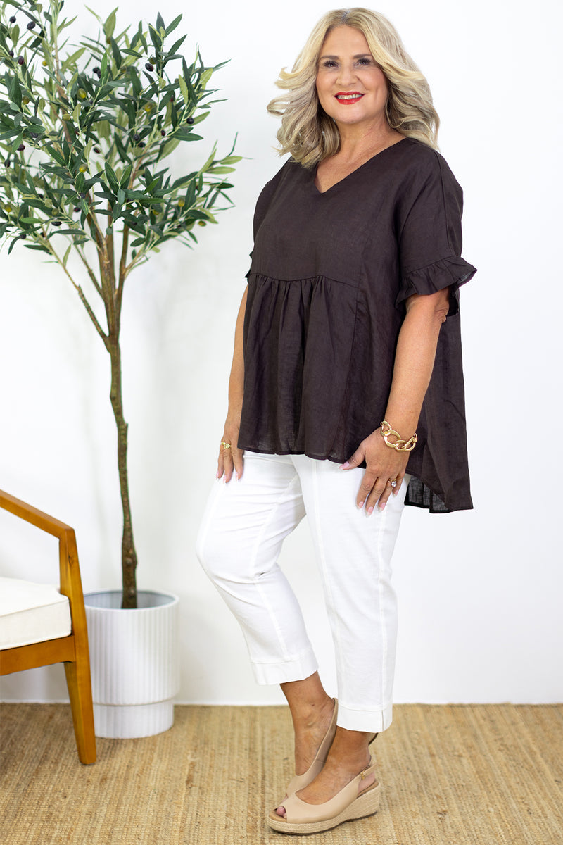 Allegra V Neck Frill Top | Coco Brown