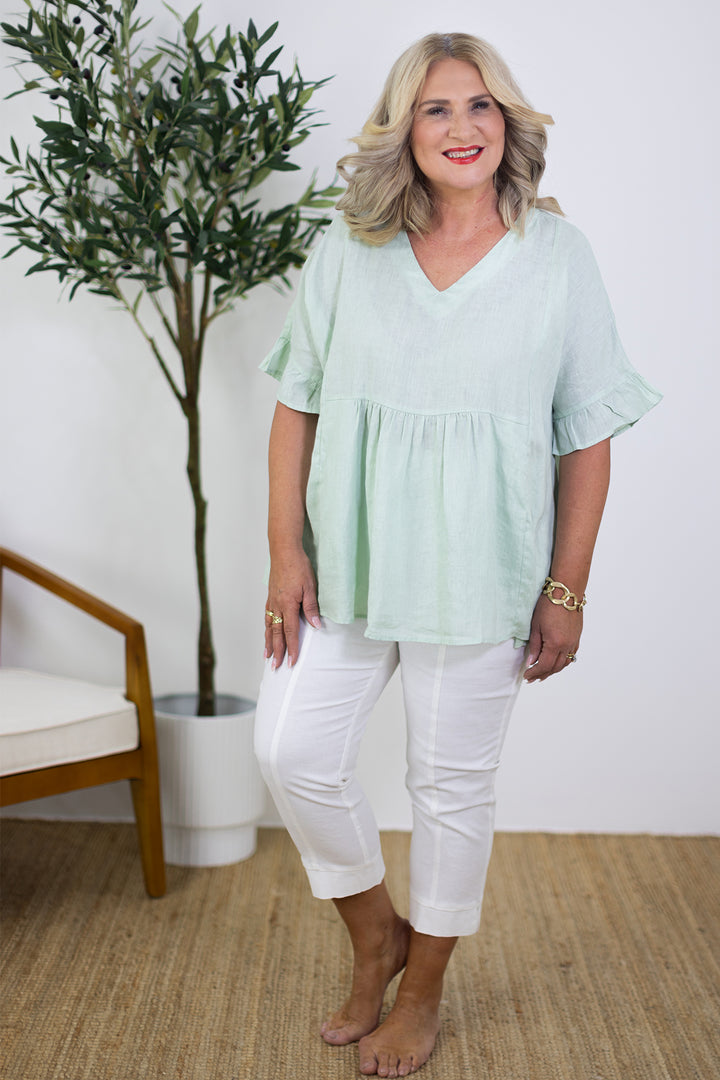 Allegra V Neck Frill Top | Sage Olive