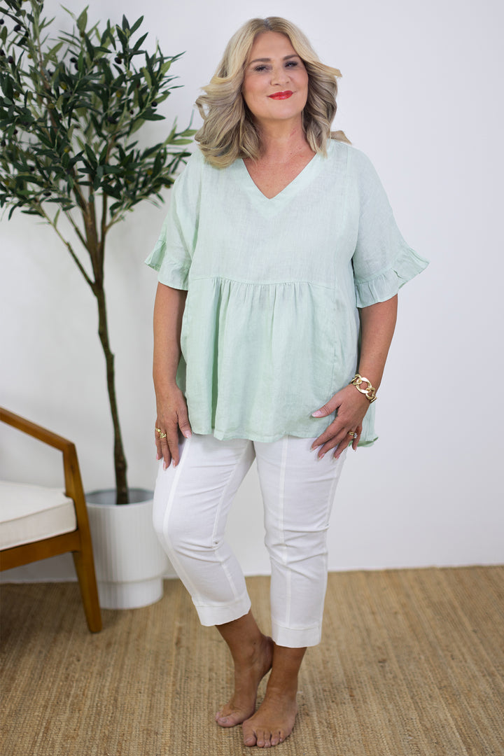 Allegra V Neck Frill Top | Sage Olive