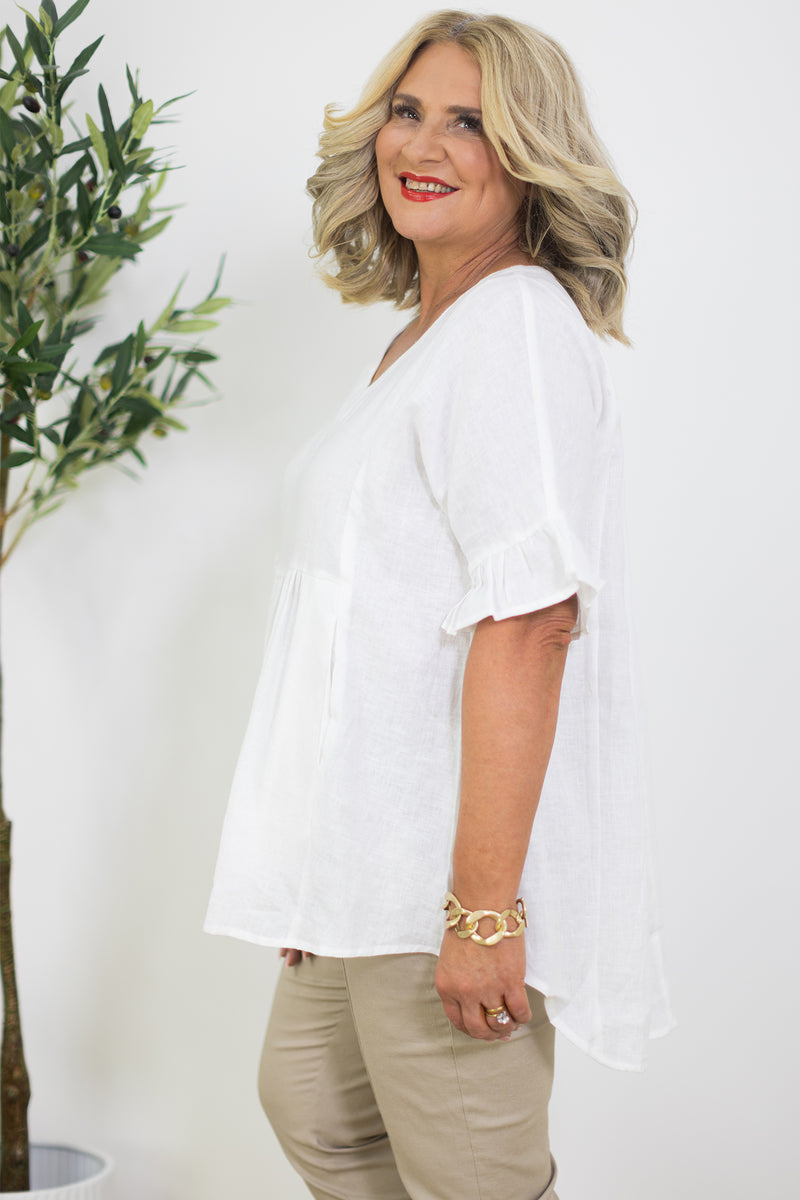 Allegra V Neck Frill Top | White