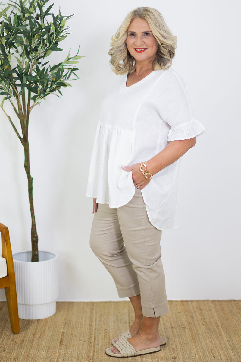 Allegra V Neck Frill Top | White
