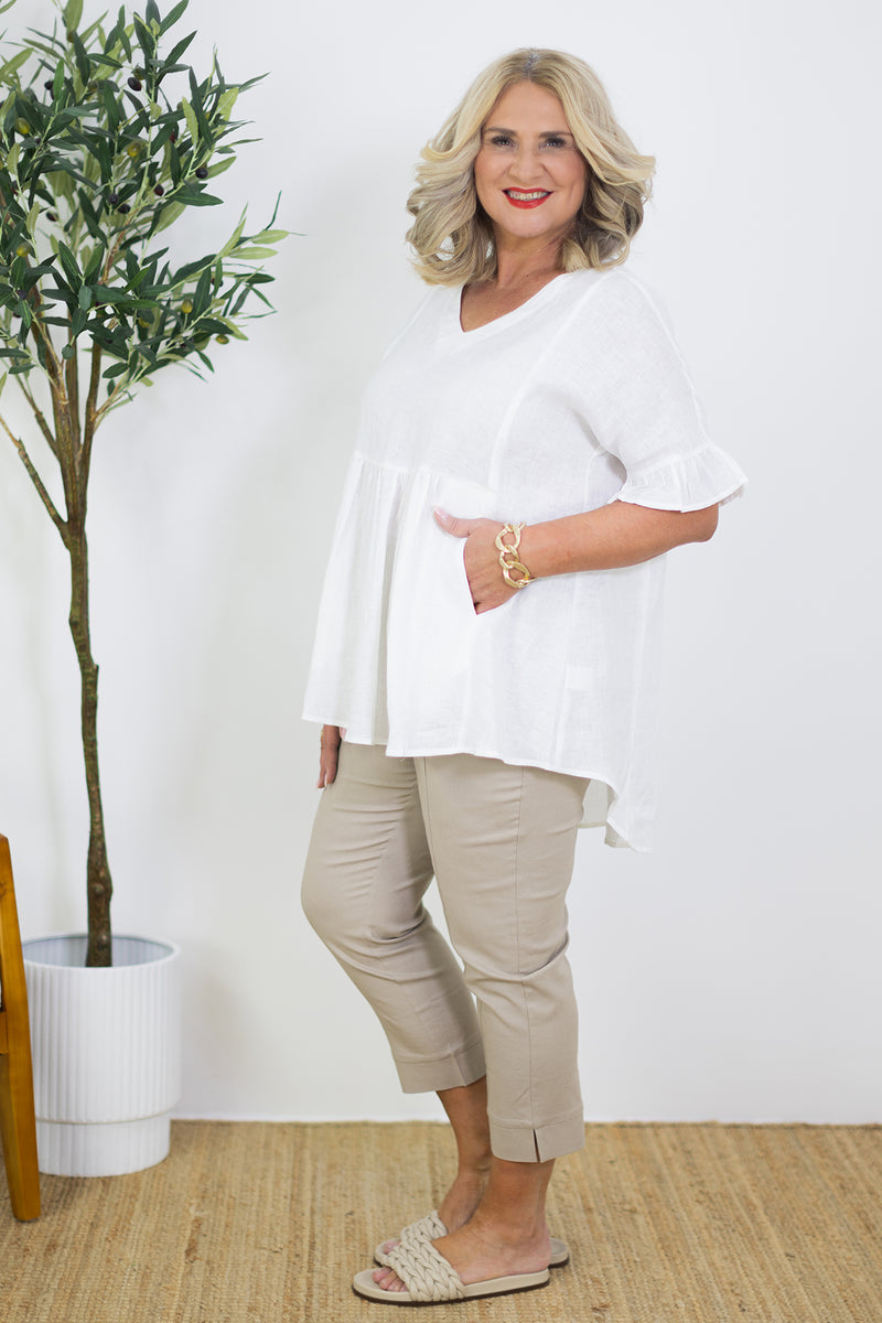 Allegra V Neck Frill Top | White