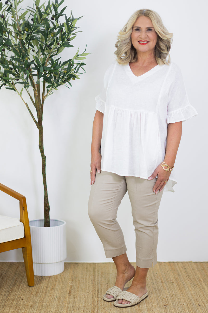 Allegra V Neck Frill Top | White