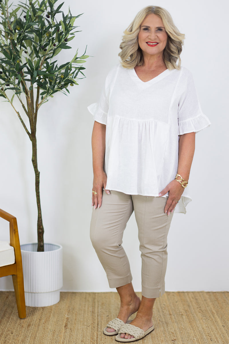 Allegra V Neck Frill Top | White