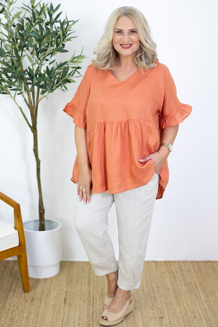 Allegra  V Neck Frill Top | Terracotta