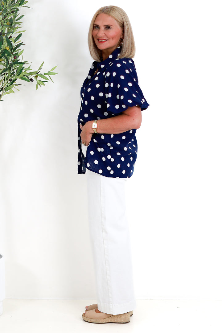 Isabella Polkadot Puff Shirt | NAVY