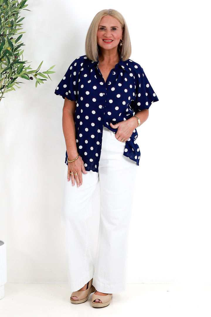 Isabella Polkadot Puff Shirt | NAVY