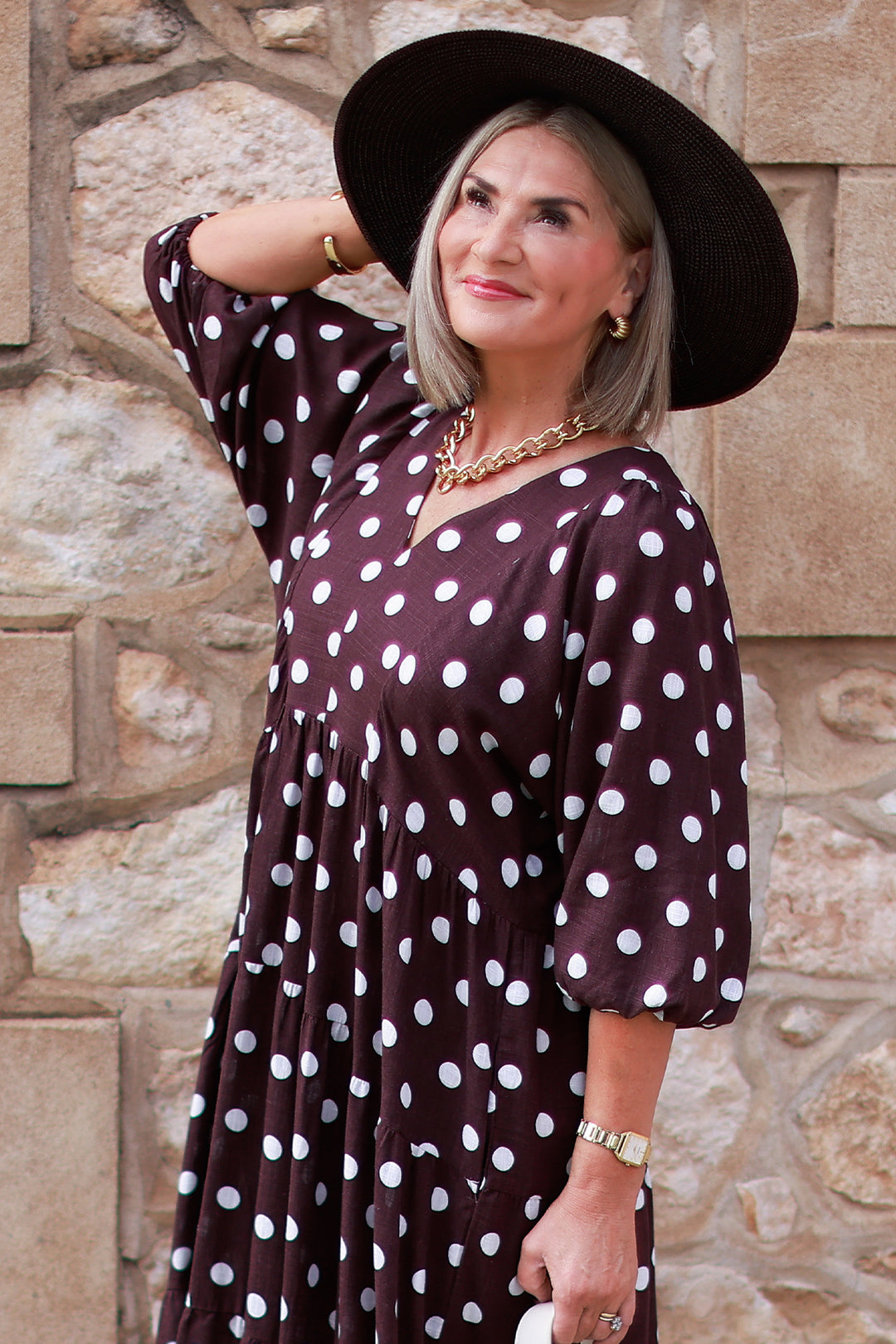 Lovesome Polkadot Dress - COCO BROWN