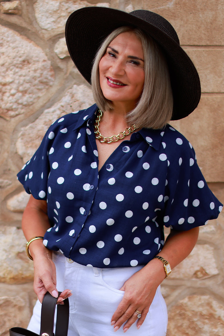 Isabella Polkadot Puff Shirt | NAVY