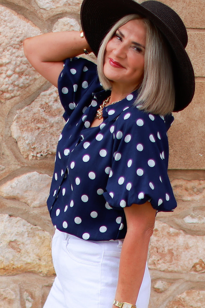 Isabella Polkadot Puff Shirt | NAVY