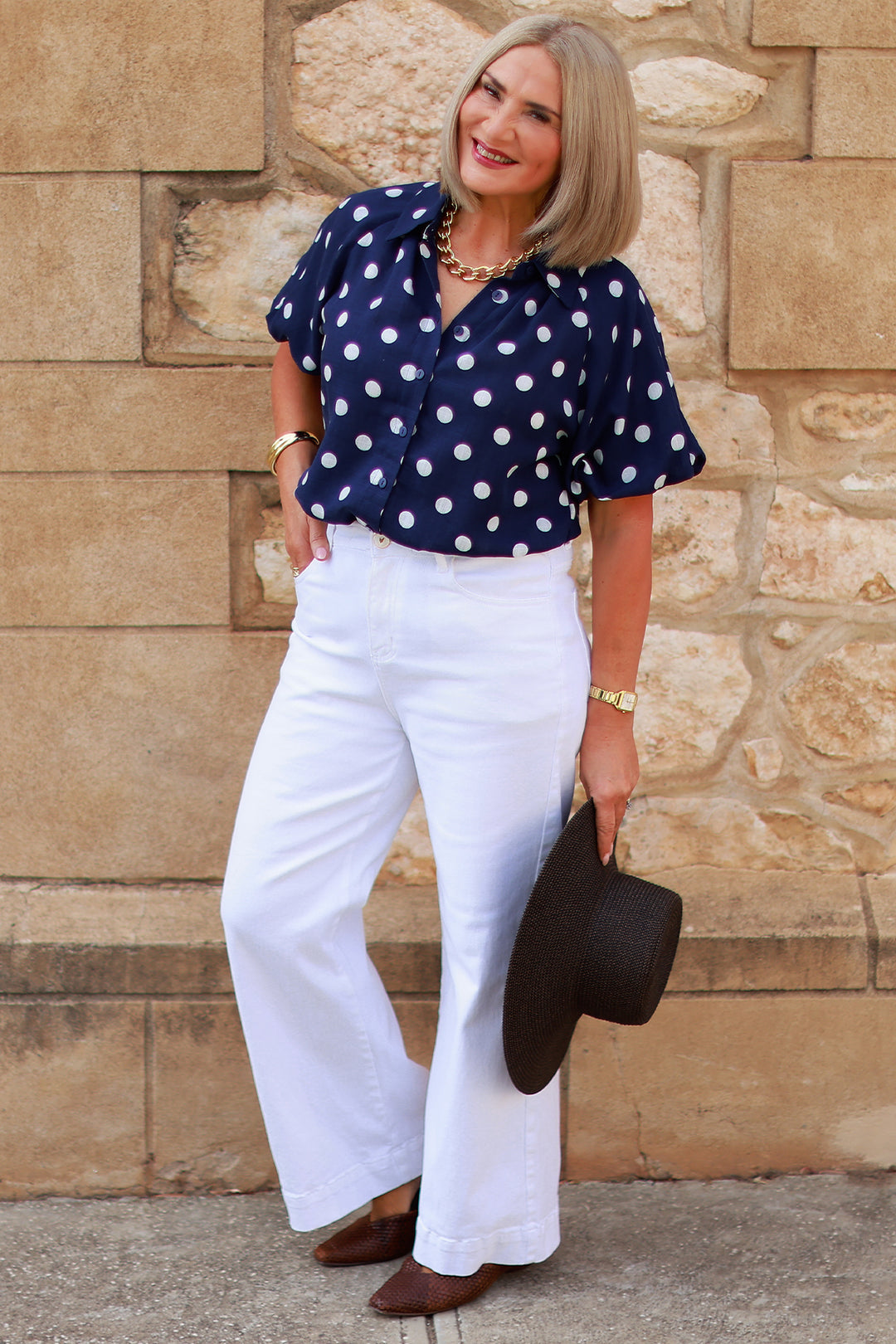 Isabella Polkadot Puff Shirt | NAVY