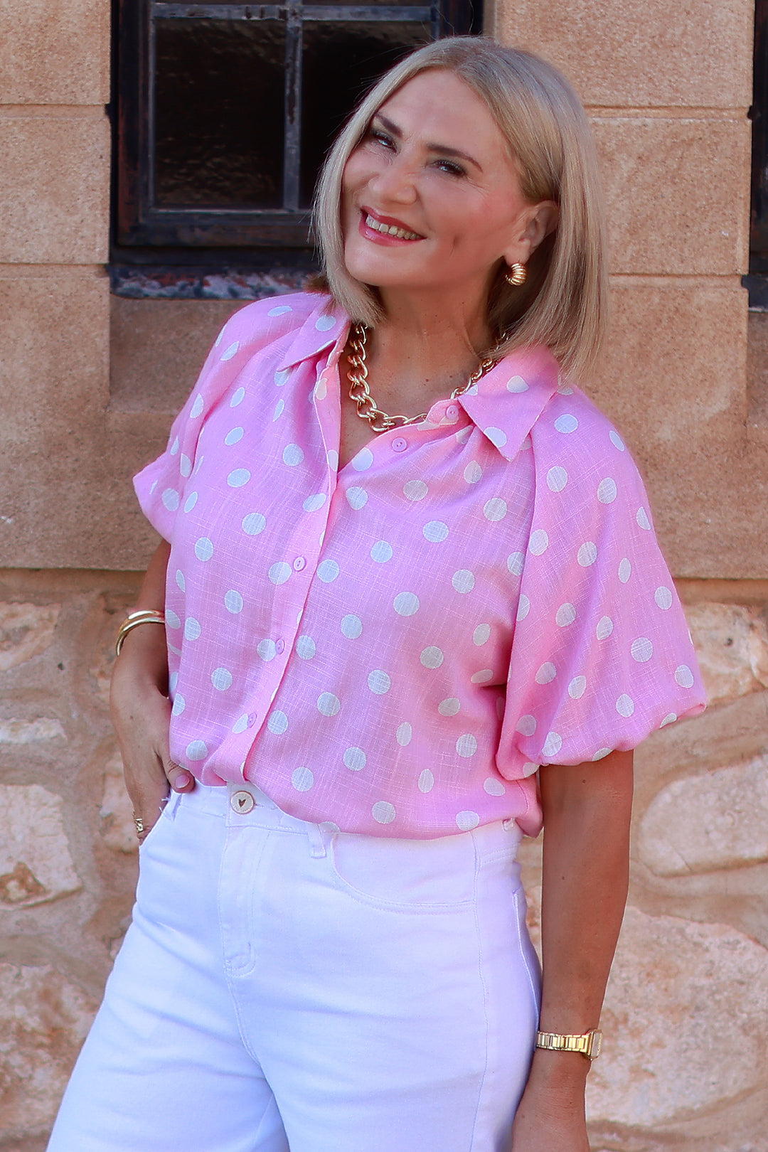 Isabella Polkadot Puff Shirt | STRAWBERRY CREAM