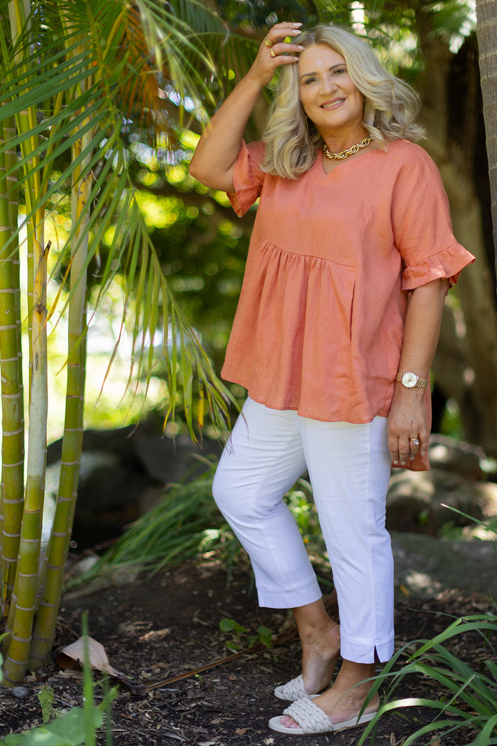 Allegra  V Neck Frill Top | Terracotta