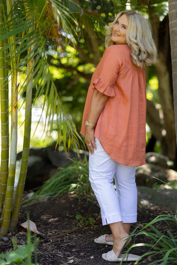 Allegra  V Neck Frill Top | Terracotta