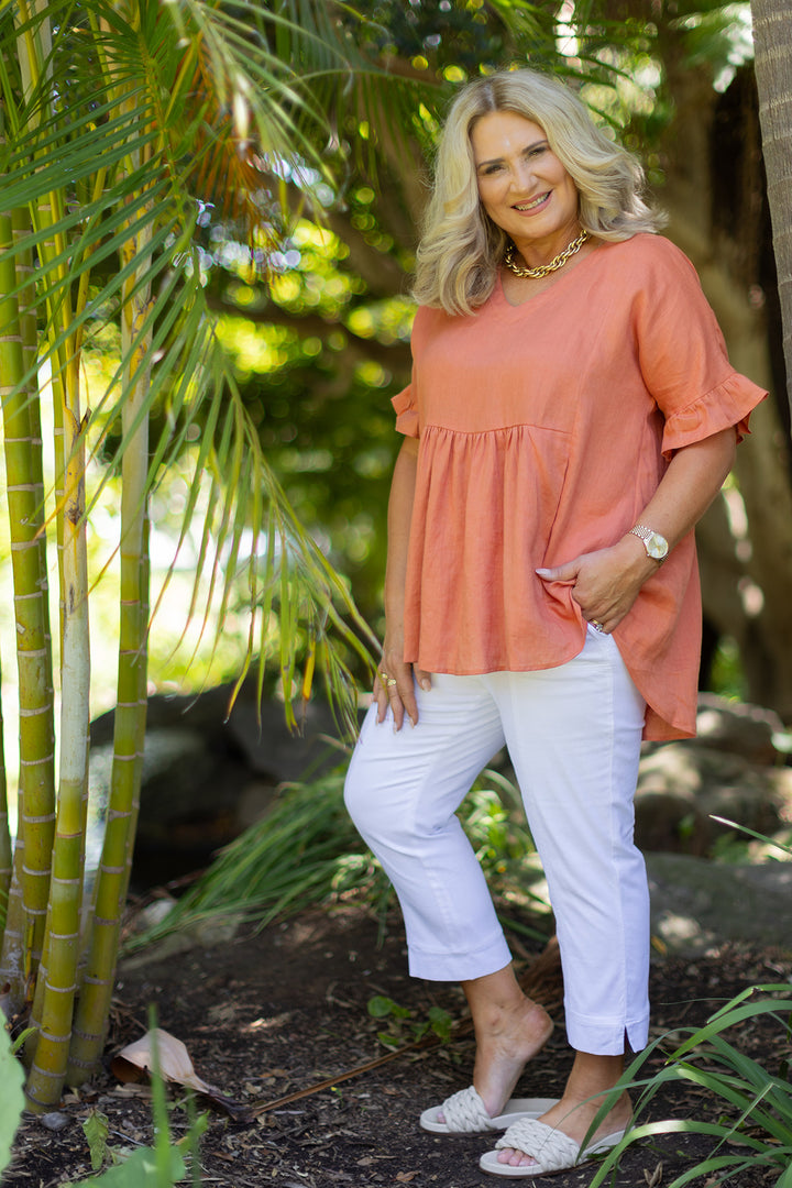 Allegra  V Neck Frill Top | Terracotta