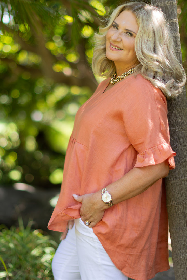 Allegra  V Neck Frill Top | Terracotta