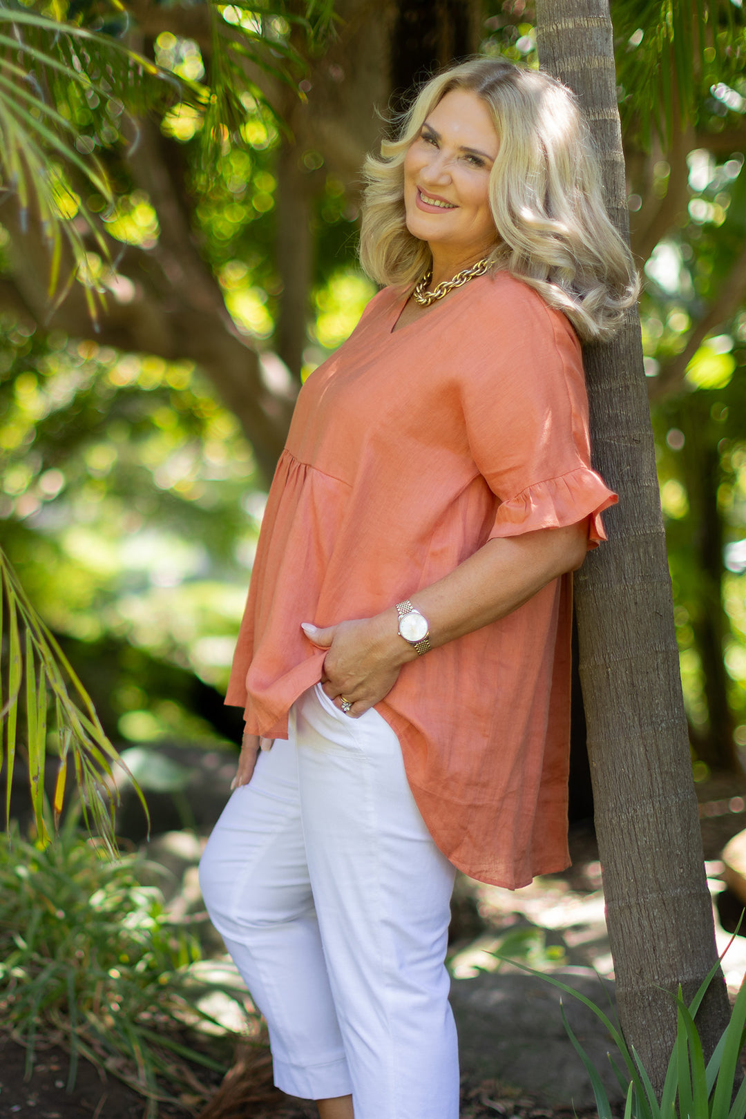 Allegra  V Neck Frill Top | Terracotta