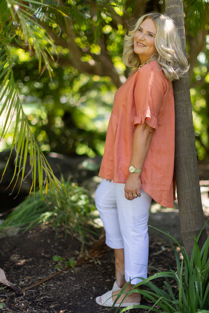 Allegra  V Neck Frill Top | Terracotta