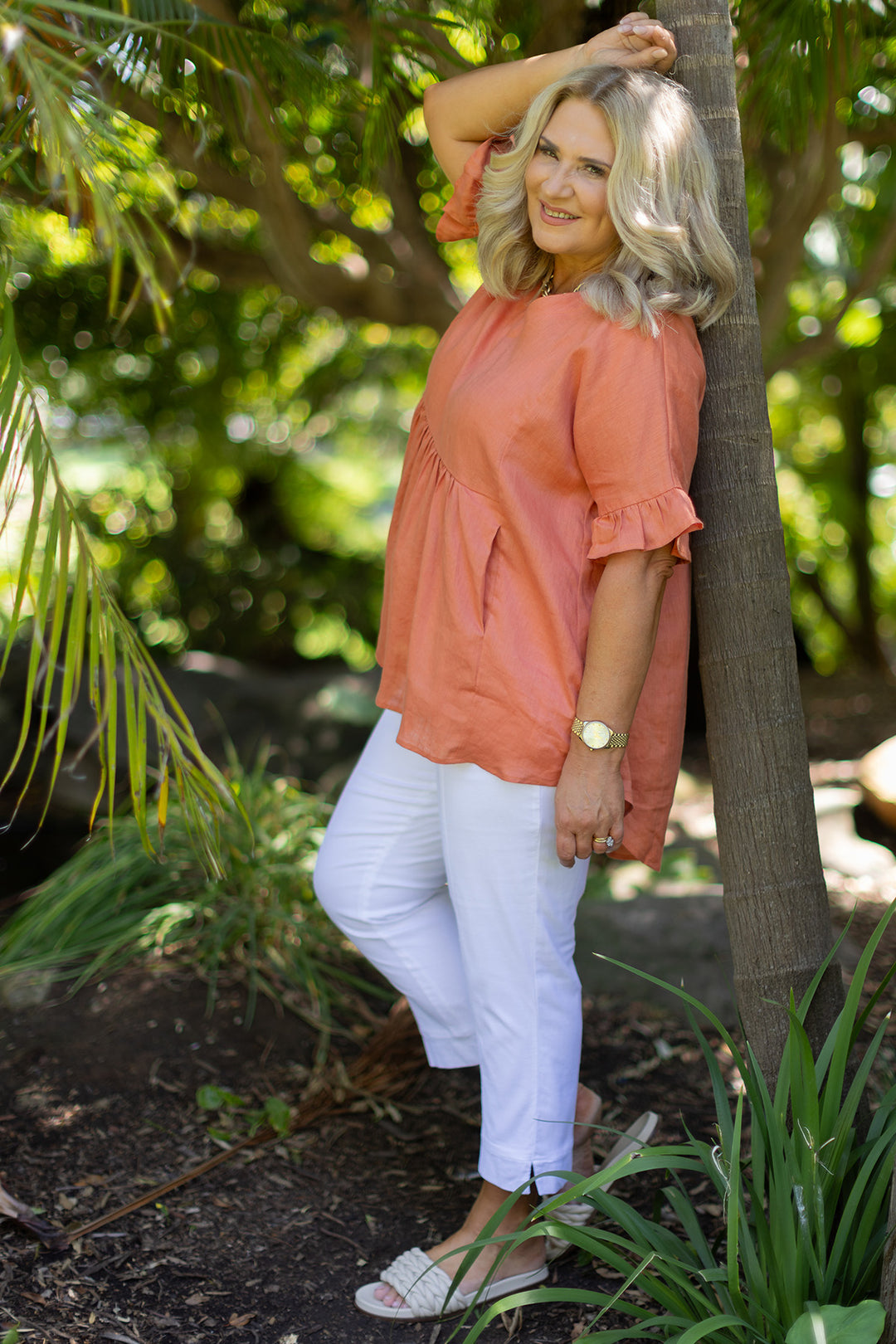 Allegra  V Neck Frill Top | Terracotta