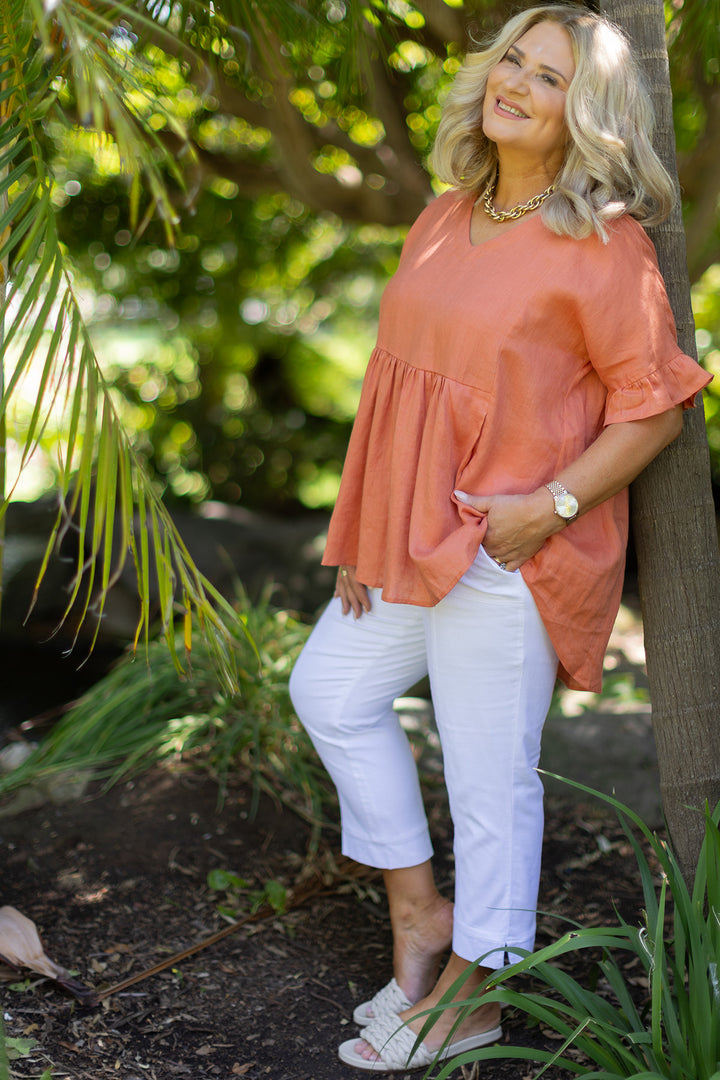 Allegra  V Neck Frill Top | Terracotta