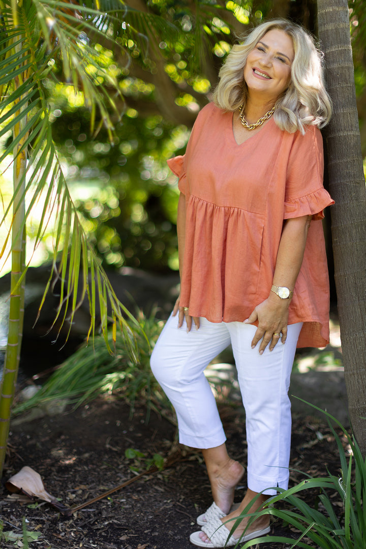 Allegra  V Neck Frill Top | Terracotta