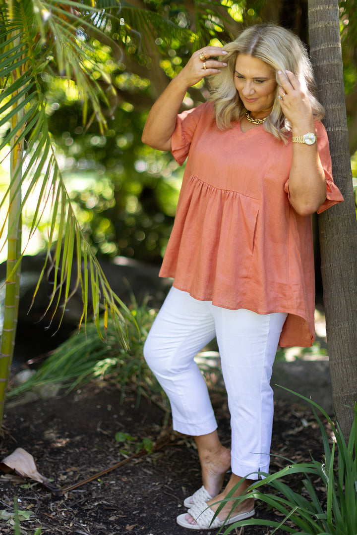 Allegra  V Neck Frill Top | Terracotta