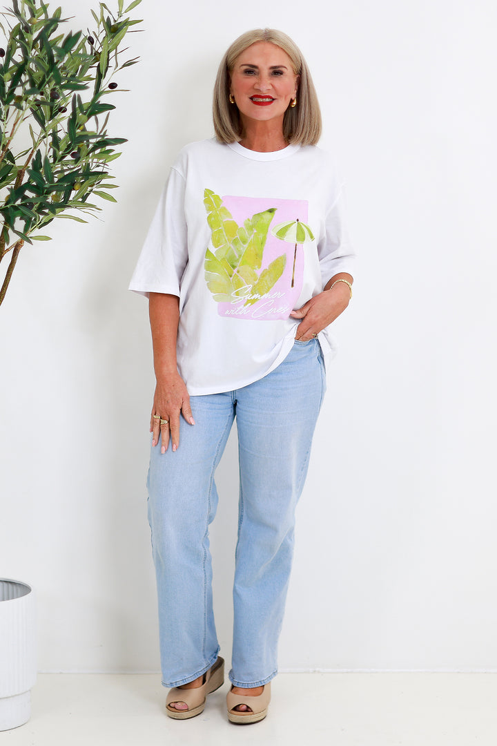 Liv Oversized Tee | WHITE COSTAL LEAVES