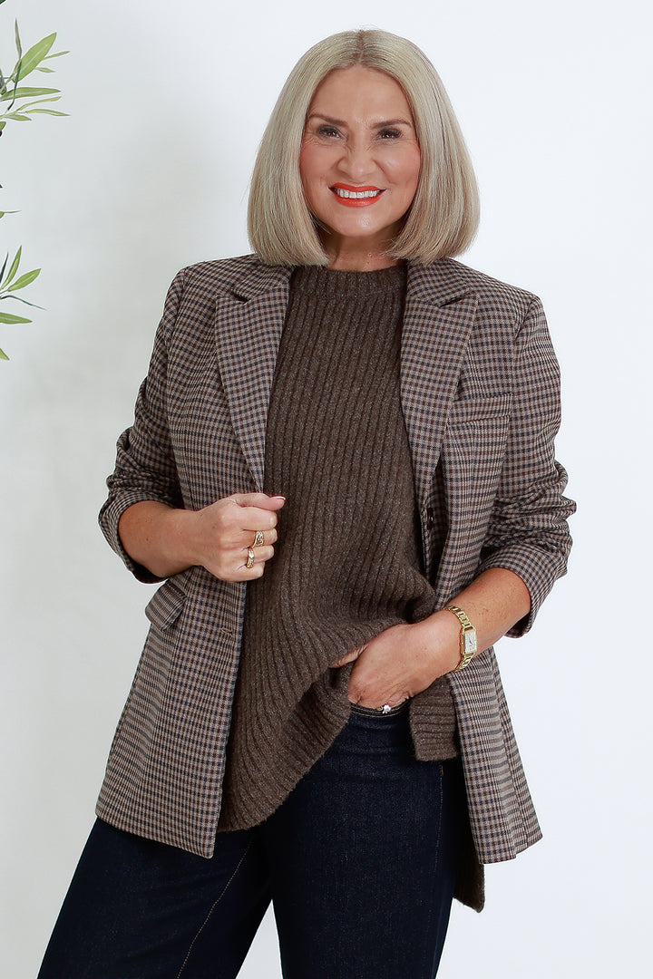 Eden Stretch Blazer |  PLAID NAVY & CHOC