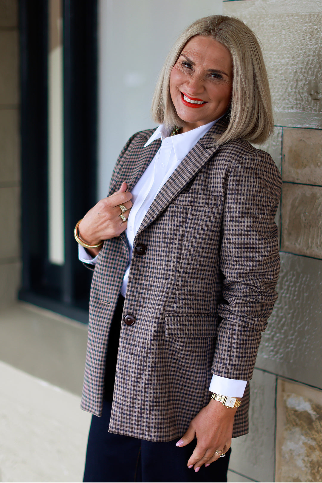 Eden Stretch Blazer |  PLAID NAVY & CHOC