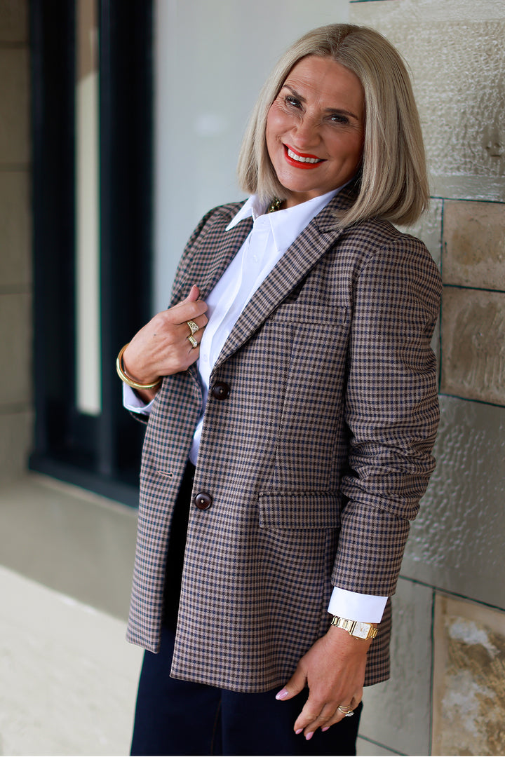 Eden Stretch Blazer |  PLAID NAVY & CHOC
