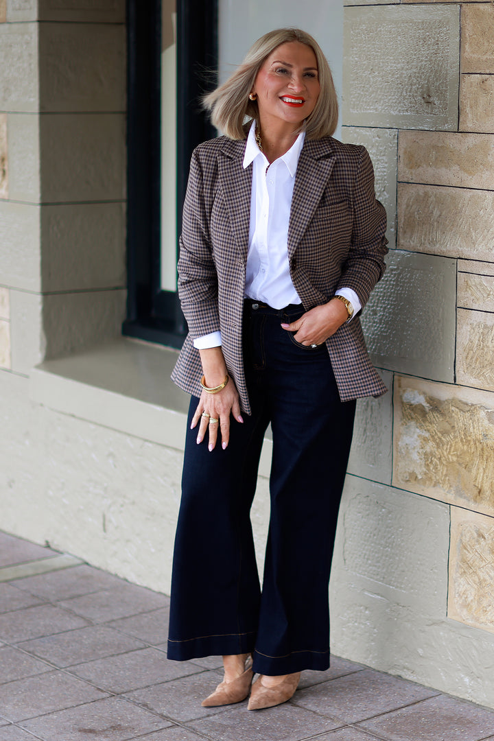 Eden Stretch Blazer |  PLAID NAVY & CHOC