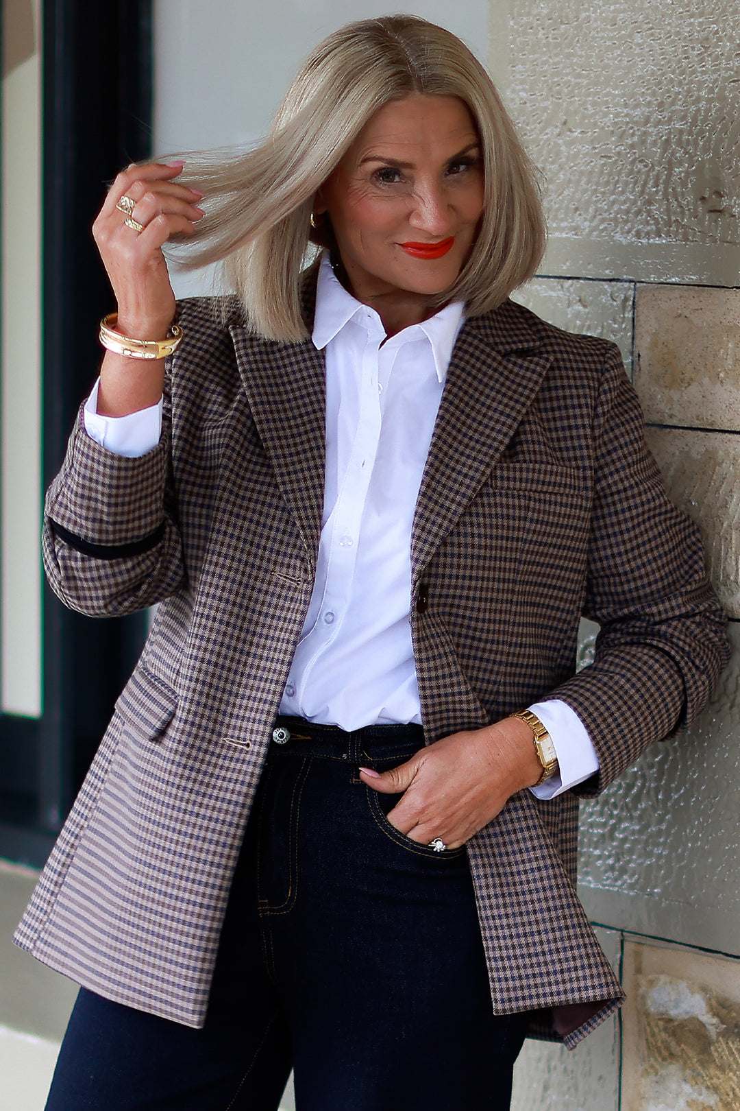 Eden Stretch Blazer |  PLAID NAVY & CHOC