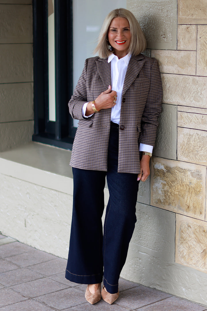 Eden Stretch Blazer |  PLAID NAVY & CHOC
