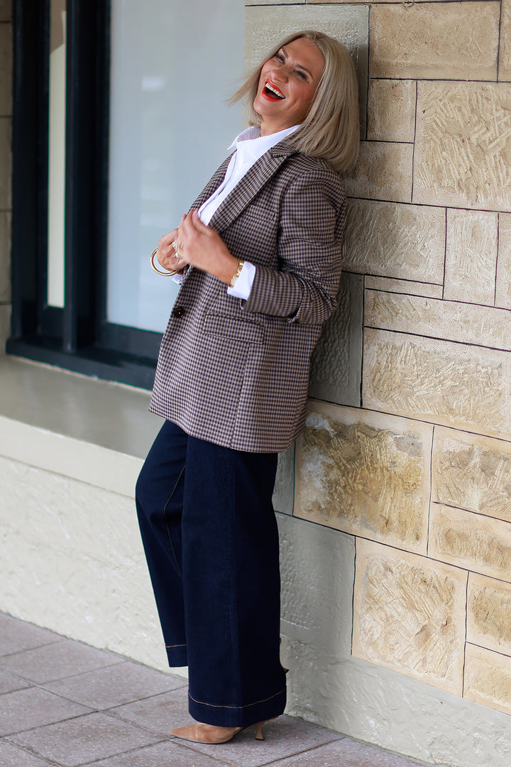 Eden Stretch Blazer |  PLAID NAVY & CHOC