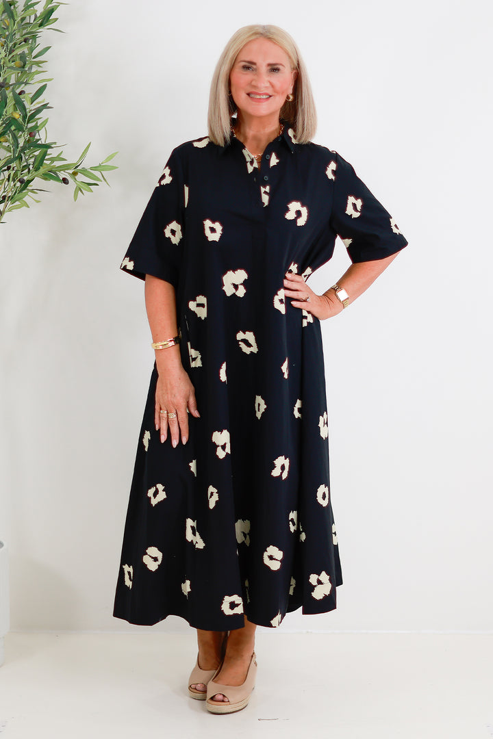 Primrose Swing Shirt Dress | Black & Cream LEOPARD PRINT