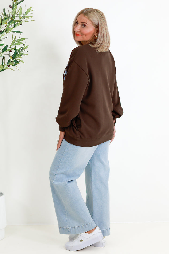 Isla Oversized Slouchy Crew | BROWN &  SKY BLUE