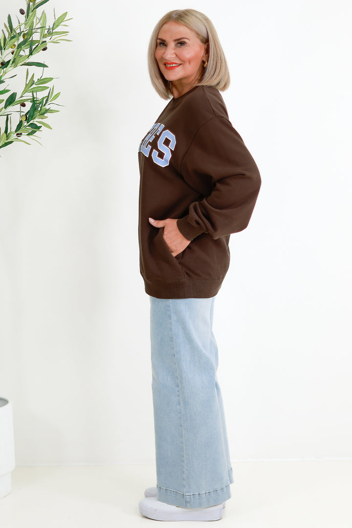 Isla Oversized Slouchy Crew | BROWN &  SKY BLUE