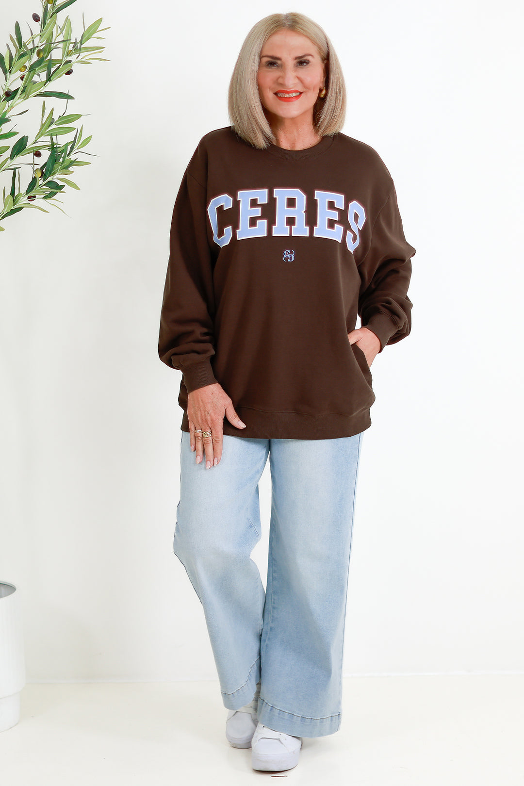 Isla Oversized Slouchy Crew | BROWN &  SKY BLUE