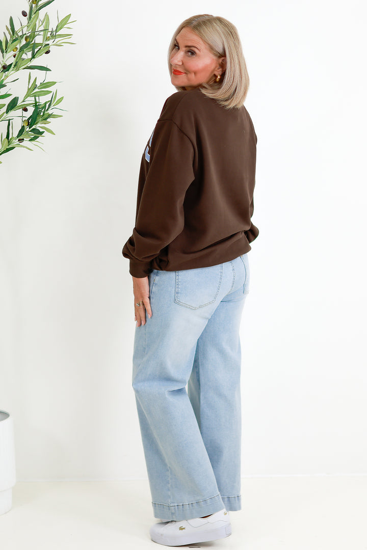 Isla Oversized Slouchy Crew | BROWN &  SKY BLUE