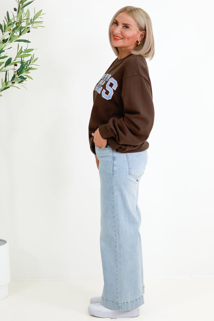 Isla Oversized Slouchy Crew | BROWN &  SKY BLUE