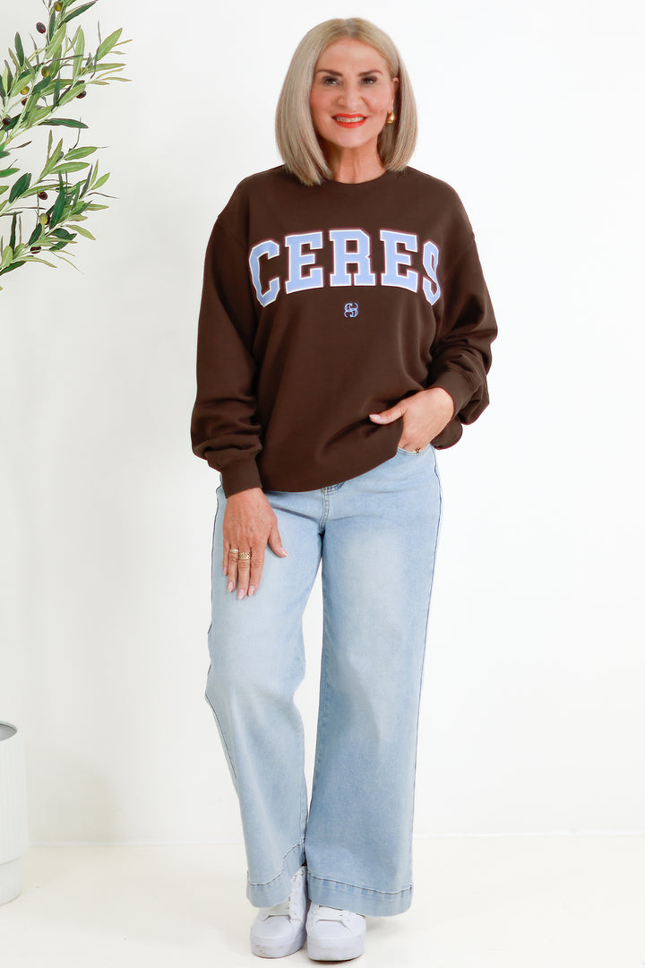 Isla Oversized Slouchy Crew | BROWN &  SKY BLUE