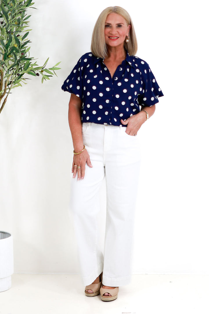 Isabella Polkadot Puff Shirt | NAVY