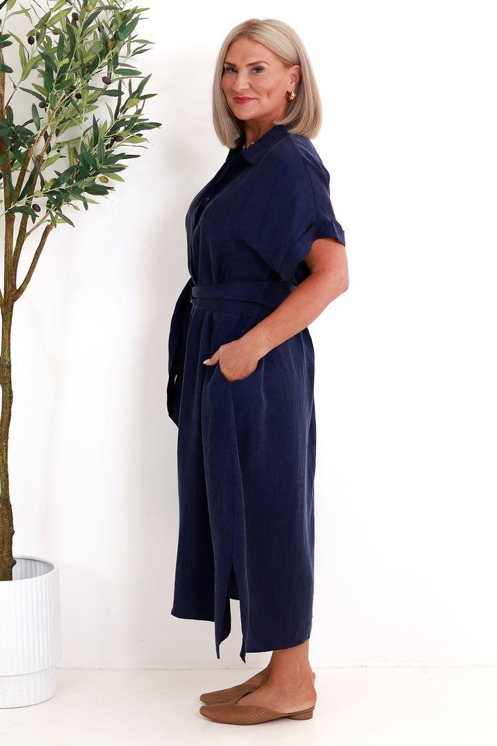 Riveria Relaxed TENCEL LINEN Shirt Dress | DARK BLUE