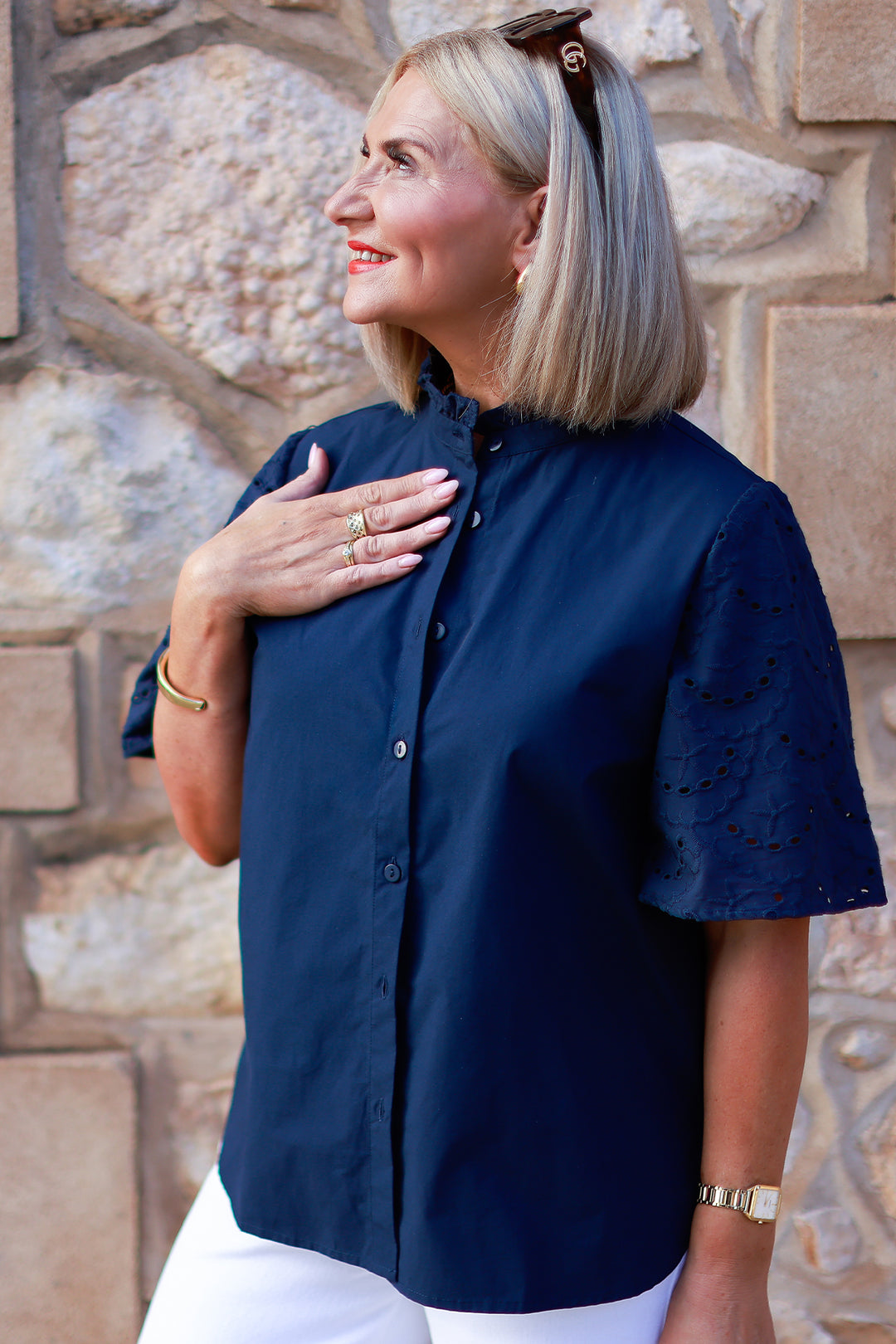 Marisol Lace Slv Shirt | NAVY