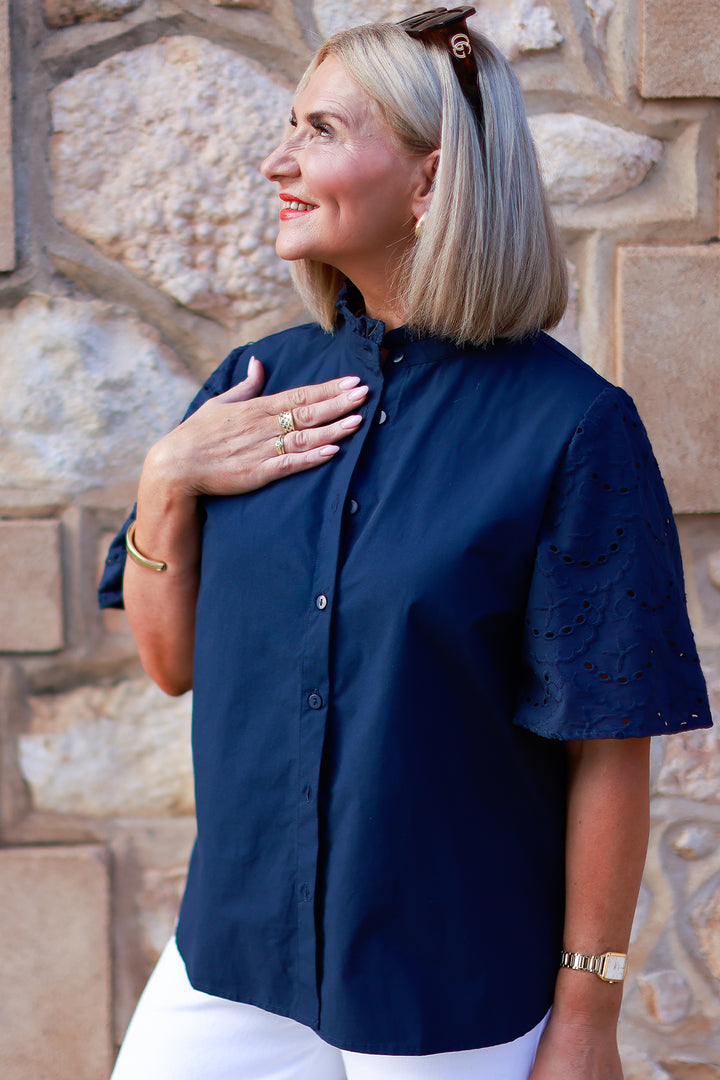 Marisol Lace Slv Shirt | NAVY
