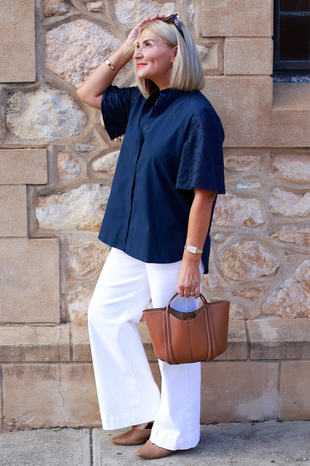 Marisol Lace Slv Shirt | NAVY