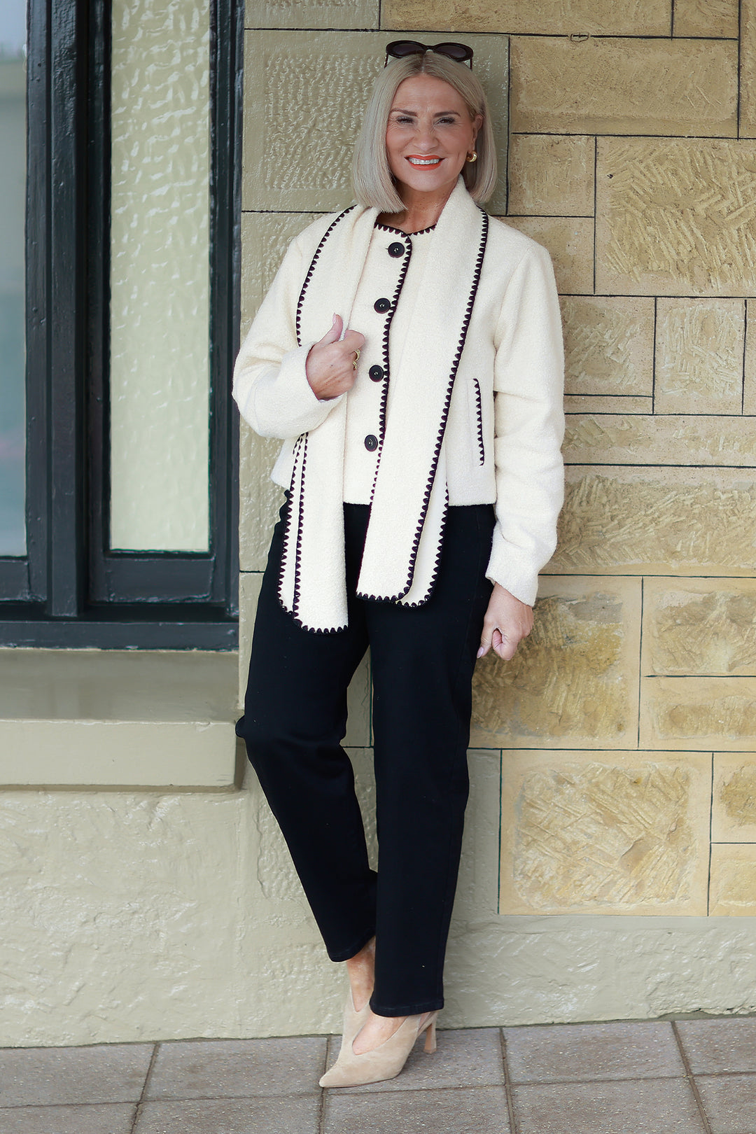 Audree Boucl'e Jacket & Scarf |  CREAM BLACK