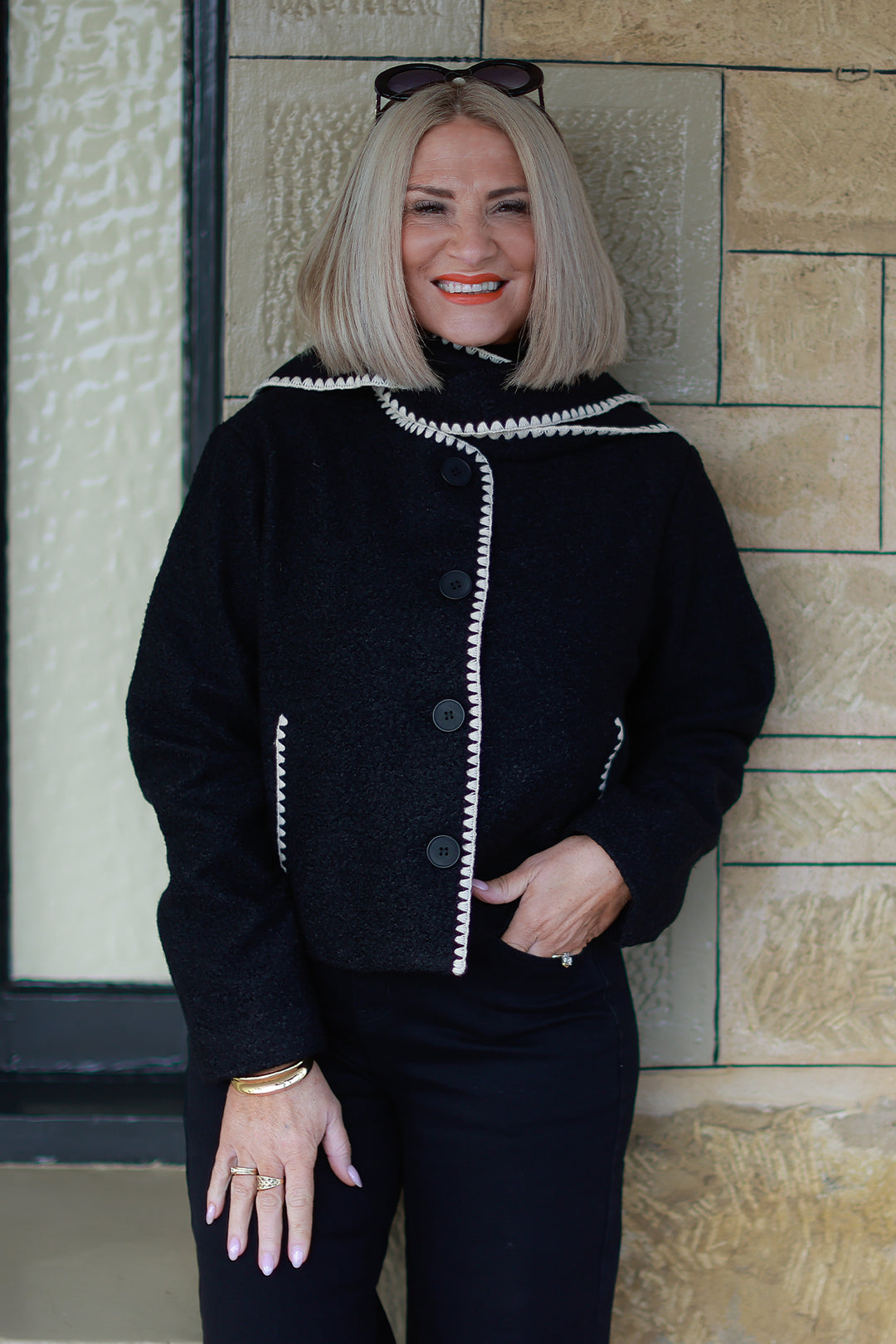 Audree Boucl'e Jacket & Scarf | BLACK & CREAM